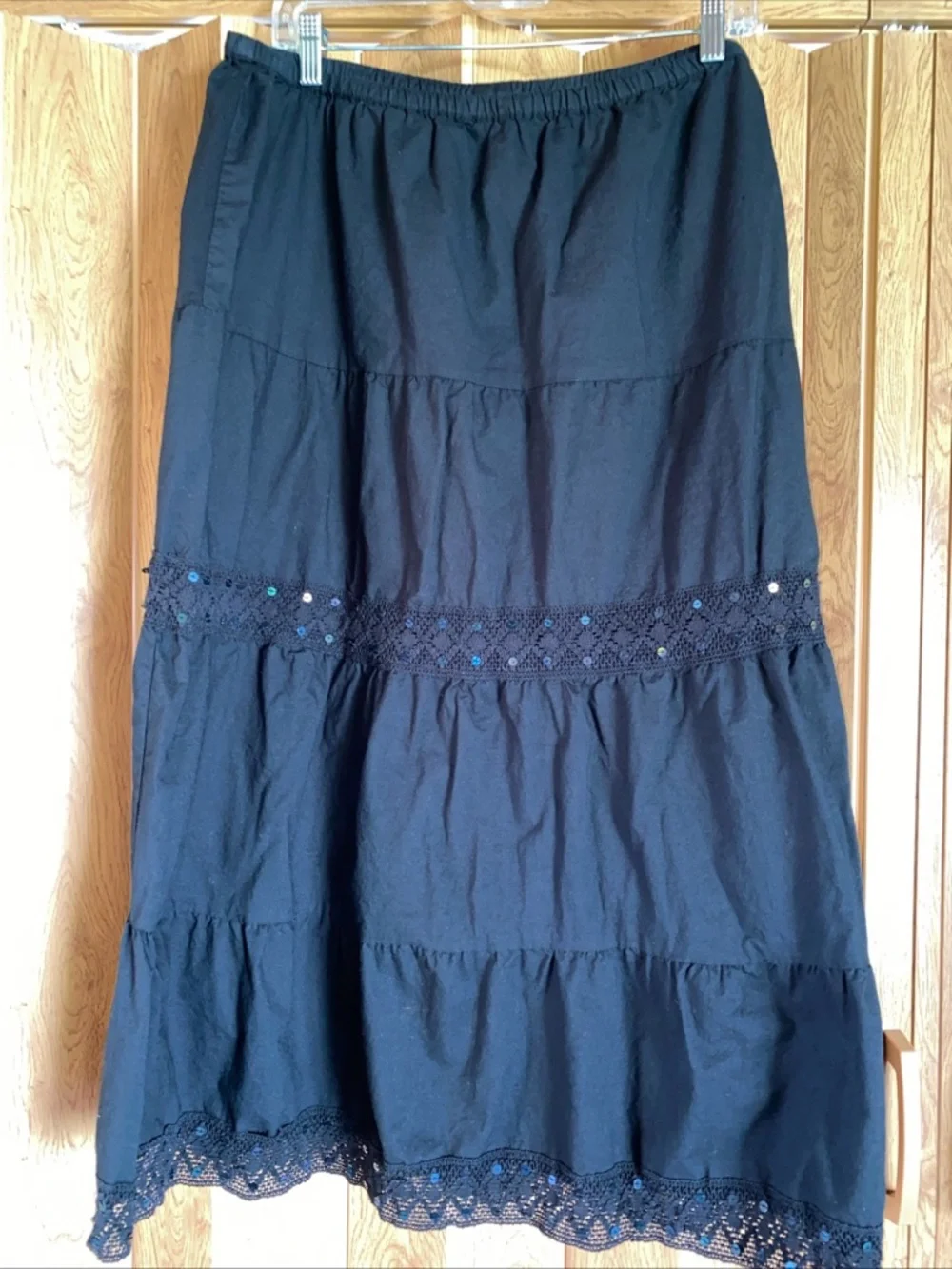 Vtg Faded Glory Sequin Tiered Maxi Skirt Sz 16 Black Broomstick Boho Festival